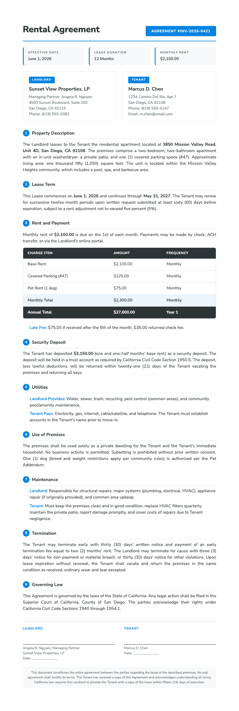 Clean invoice rental agreement